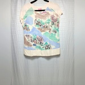 Joules Great Britian Viscose Short Sleeve Shopping Print Blouse. Size 6